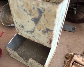 Primitive painted tin farm scoop bin