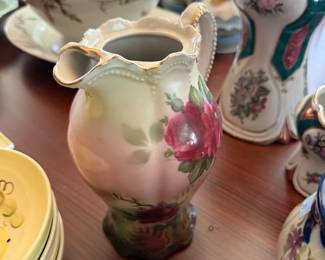 Victorian rose painted pitcher and porcelain vases