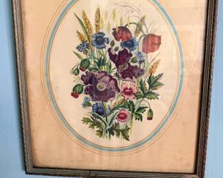 Antique botanical floral print, oval mat