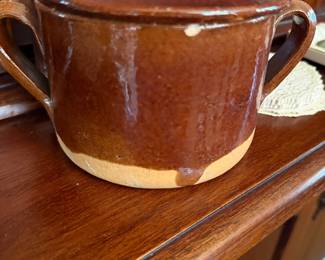 Antique brown glazed stoneware lidded crock