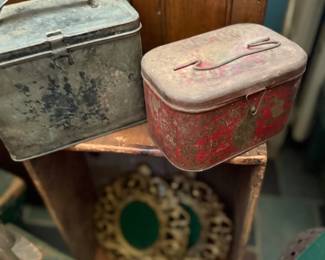 Antique tin lunch pails and gilt frame