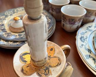 Satsuma candlestick and Japanese porcelain cups