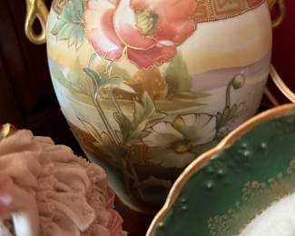 Nippon hand painted floral vase with gold handles