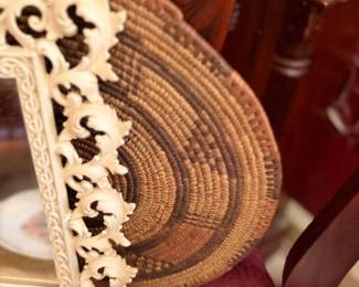 Antique coiled basket tray and carved chair