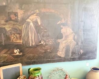 Large antique oil painting, interior genre scene