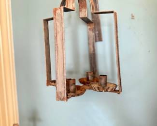 Antique copper and glass hanging candle lantern