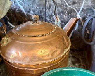 Antique copper tea kettle and green enamel bowl