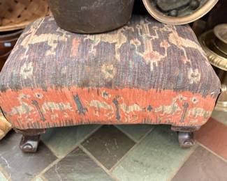 Kilim footstool and antique copper buckets
