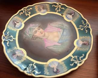 Royal Vienna style portrait plate, teal and gold