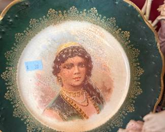 Antique hand painted portrait plate, gold gilt