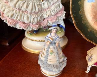 Dresden lace figurines and gilt cabinet plate