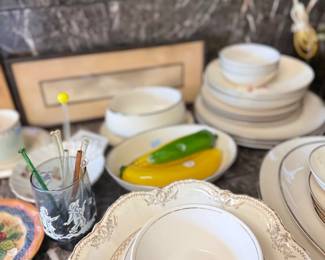 Assorted china, corn dish, and glassware lot