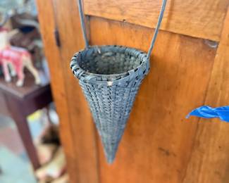 Antique woven cone wall pocket basket