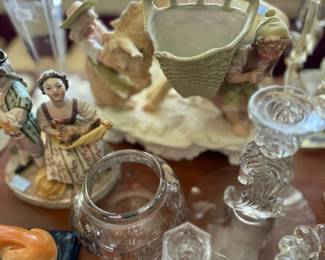 Bisque figural basket group and crystal candleholders