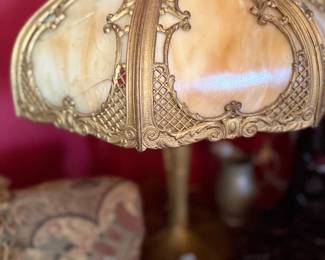 Antique slag glass panel table lamp