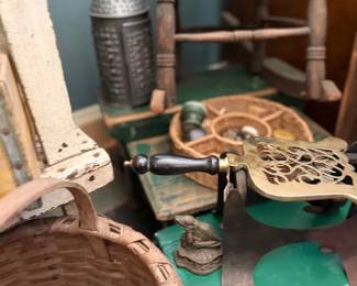 Punched tin lantern, baskets, and primitive tools