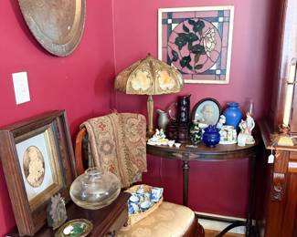 Victorian parlor corner - slag glass lamp, brass tray, decor