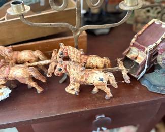 Antique toy horse team and brass candelabra