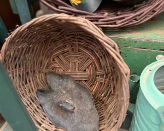 Woven basket, stone rabbit, tole painted tray