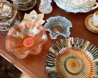 Carnival glass bowls and antique china grouping
