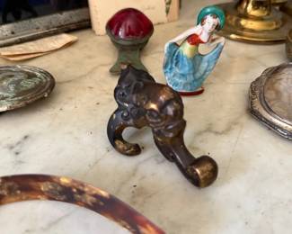 Antique vanity items, porcelain half doll, horn comb