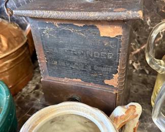 Antique wood box coffee grinder mill
