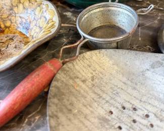 Primitive wood pastry board, rolling pin, green mixing bowl