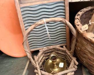 Antique washboard and twig basket