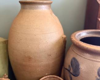 Antique salt glaze stoneware crocks with cobalt decoration