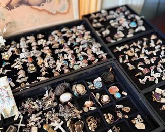 Vintage costume jewelry trays - rings, brooches, crosses