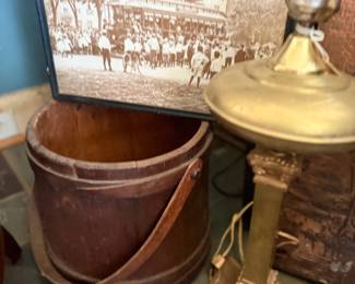 Antique brass column lamp base and wood firkin
