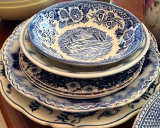 Antique blue transferware bowls and plates