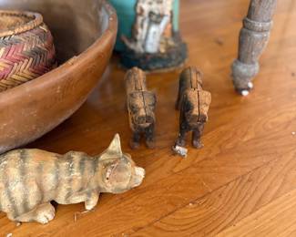 Carved wood animals, woven basket, painted tin pitcher