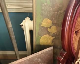 Victorian carved mahogany headboard and painted panel