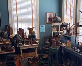 Primitive room - crocks, baskets, farm tables