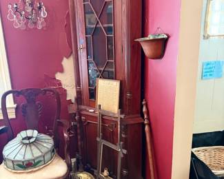 Antique mahogany corner cabinet and tiffany style lamp
