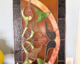 Antique stained glass panel, jeweled floral design