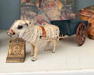 Antique German putz sheep pull toy and cart