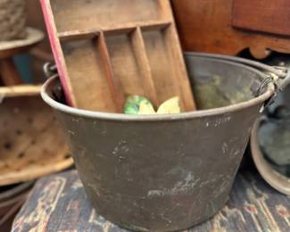 Antique copper bucket and wood cutlery tray