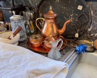 Antique copper coffee pot, tole tray, cut glass cruet