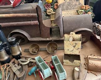 Antique pressed steel toy truck, tin toys, and tools