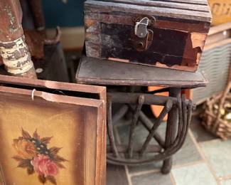 Tole painted tray, dome trunk, twig table