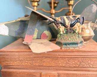 Cast iron mechanical bank and brass double student lamp
