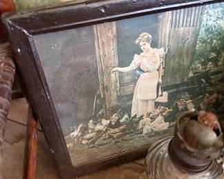 Antique framed print, woman feeding chickens