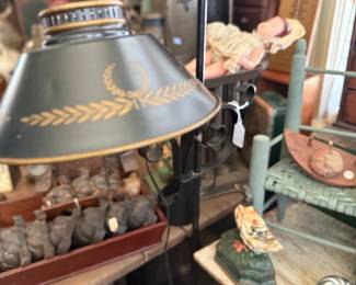 Tole painted lamp shade and primitive display