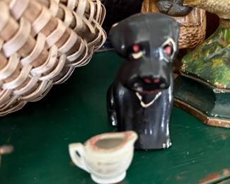 Vintage black dog creamer and woven baskets
