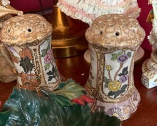Antique porcelain muffineer sugar shakers, floral
