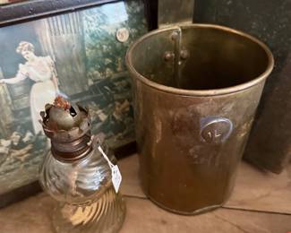 Antique glass oil lamp and brass bucket