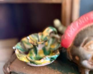 Majolica leaf dish and cast iron cat figure