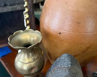 Antique stoneware jug, brass spittoon, duck decoy